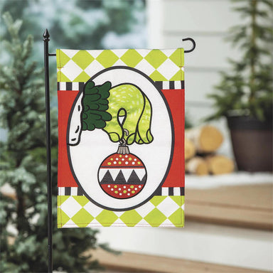Evergreen Christmas Monster Ornament burlap garden flag, full view
