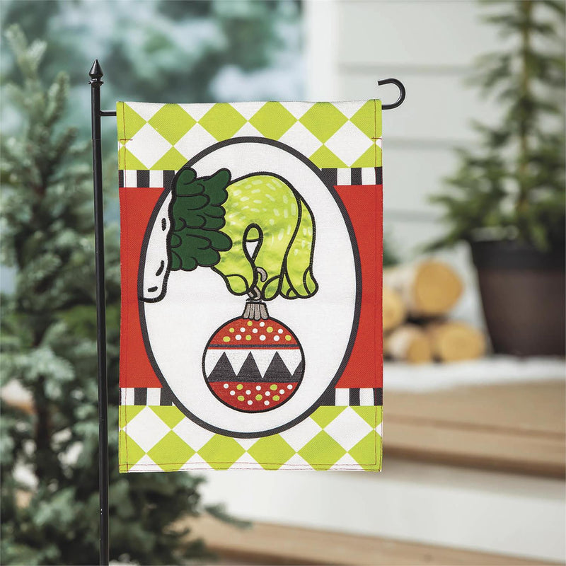 Evergreen Christmas Monster Ornament burlap garden flag, full view