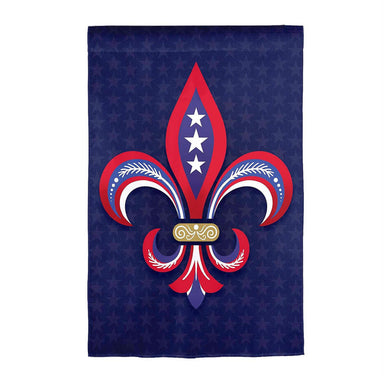 Evergreen RWB Fleur De Lis suede garden flag, full view