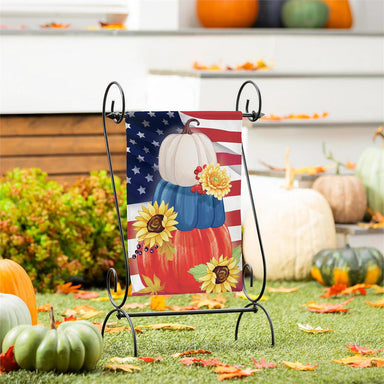 Evergreen American Pumpkin Stack suede garden flag, full view