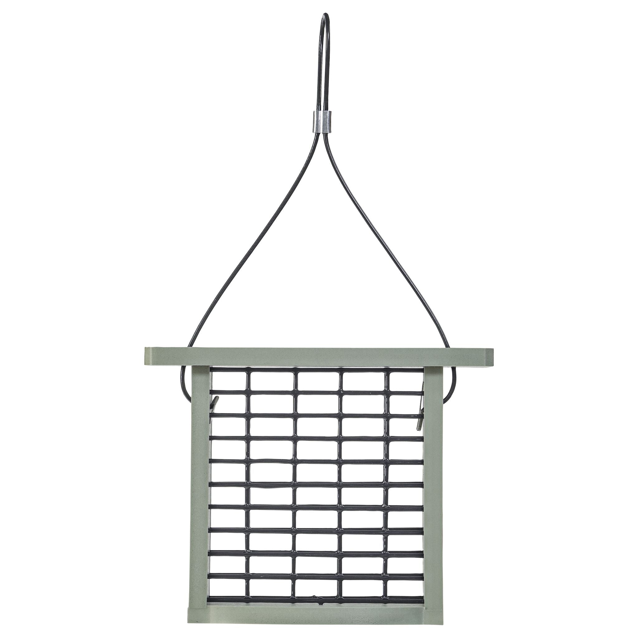 Sage Green recycled plastic suet feeder with vinyl-coated suet cage screen open