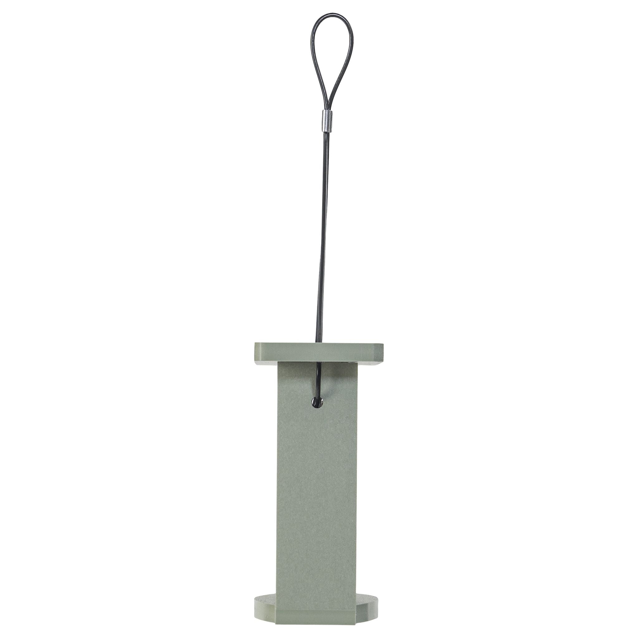 Sage Green suet feeder hanging outdoors with hanging cable