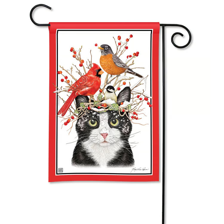 Winter Cat and Birds Garden Flag