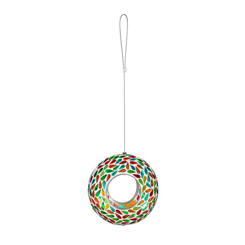 Evergreen Mosaic Glass Fly-Thru Feeder, hanging in garden