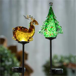 Solar Art Glass Garden Stake - Reindeer or Christmas Tree