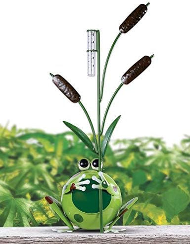 Sunset Vista Large Happy Frog Rain Gauge, frog and cattail detail