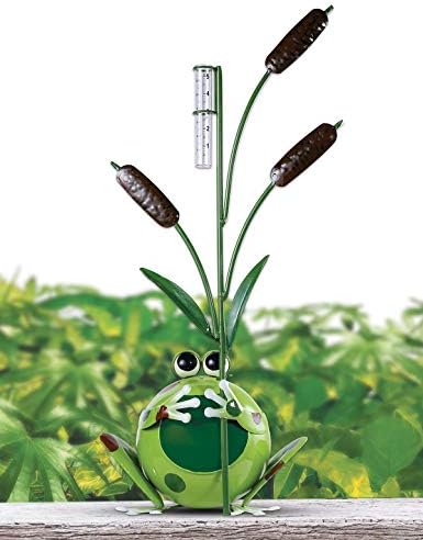 Sunset Vista Large Happy Frog Rain Gauge, frog and cattail detail