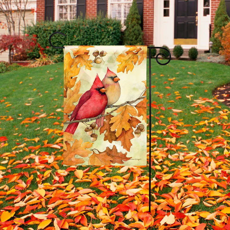 Cardinals in Fall Oak Leaves Garden Flag