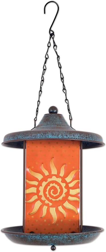 Sunset Vista Suncatcher hanging bird feeder, orange glass sun, full view