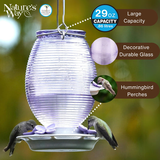 Nature's Way Lilac Dreams hummingbird feeder hanging outdoors, feature callouts