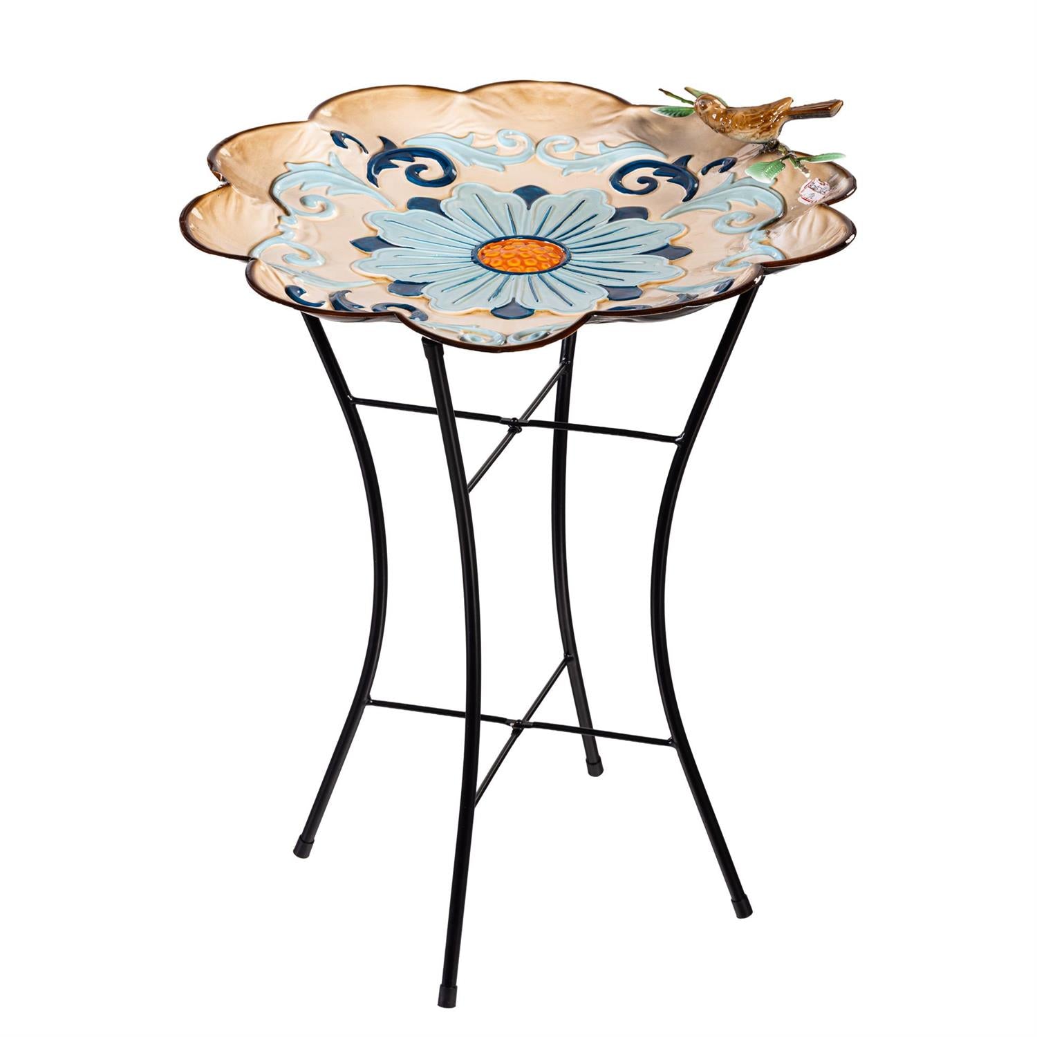 What She Shed Birdbath - Metal Blue w/ Perching Bird