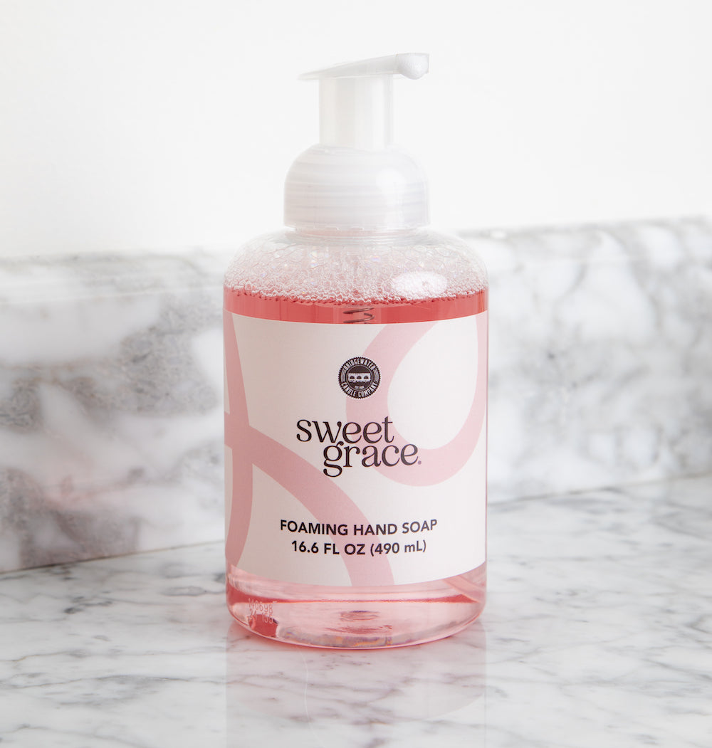 Sweet Grace Foaming Hand Soap on marble countertop