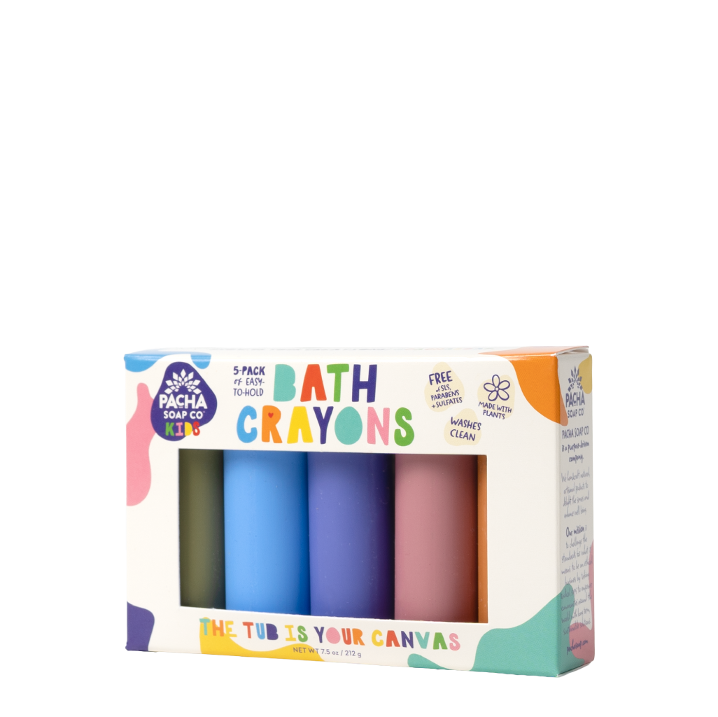 All five Pacha Bath Crayons colors laid out: Green Jeans, Blue-tiful, Razzy Berry, Think Pink, Sunny Daze