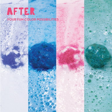 Before and after color reveal of Pacha Kid's Mystery Color Bath Bomb fizzing in bathwater