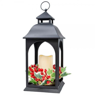 Gift Essentials 16 inch black metal LED lantern with ivy and red berry accents