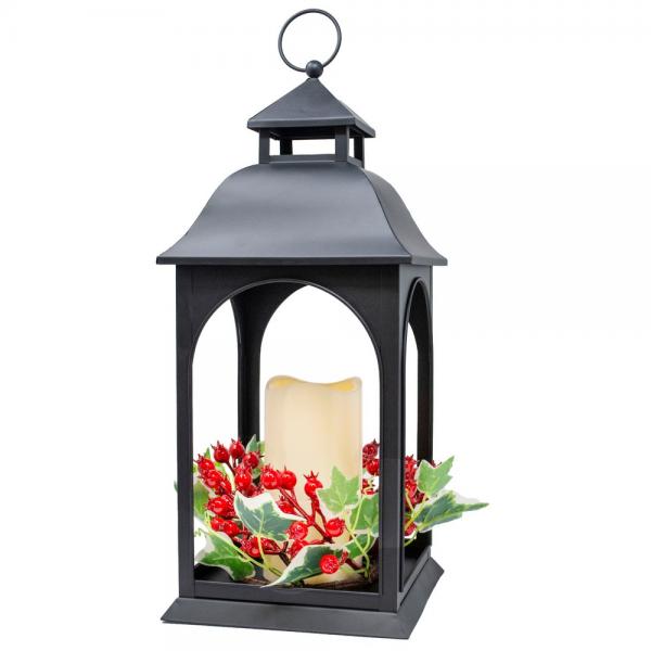 Black Ivy and Berry 16 inch LED Metal Lantern
