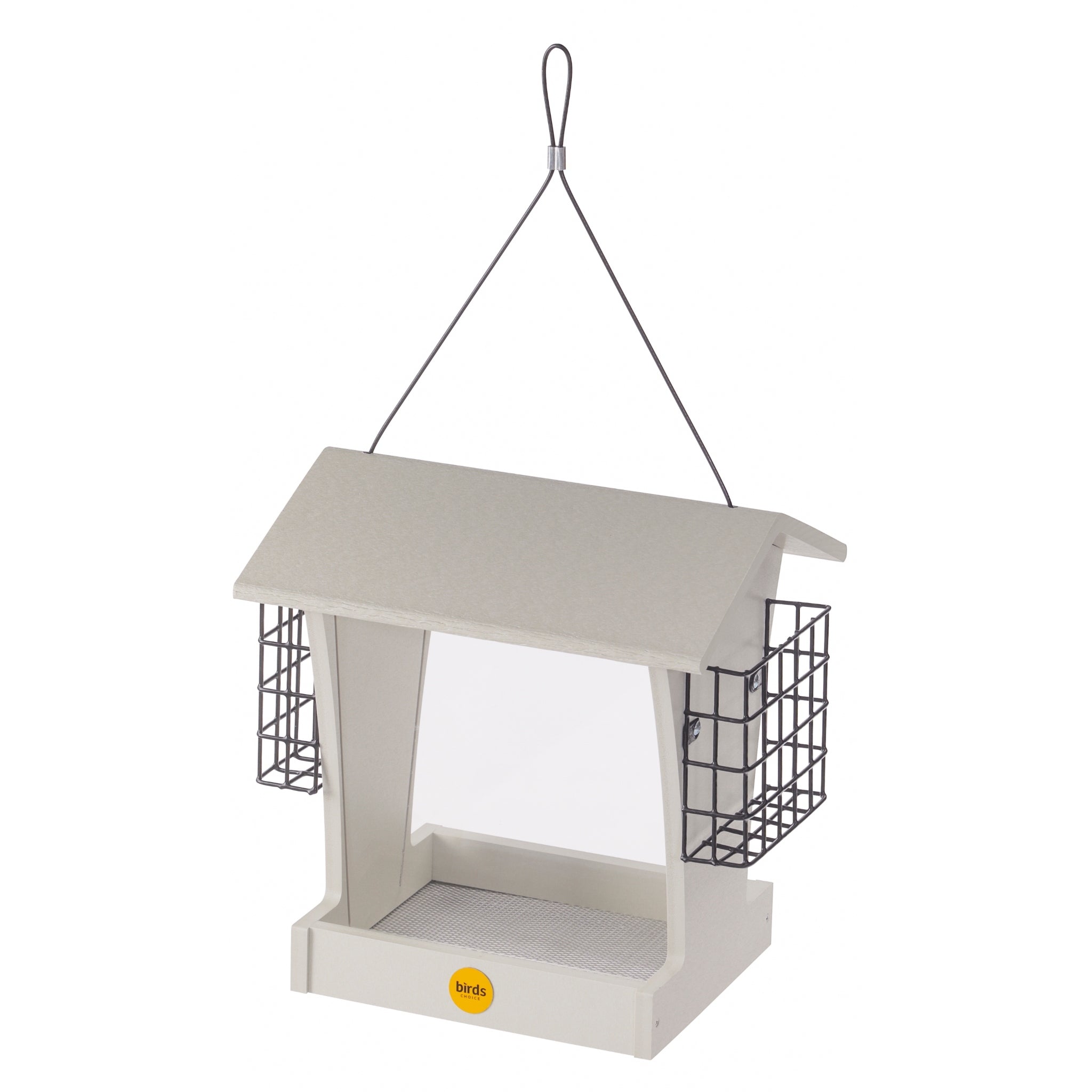 Tall Hopper Bird Feeder with Suet Cages - Sea Salt Recycled Plastic - angled view