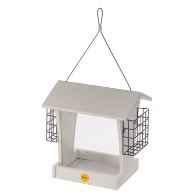 Tall Hopper Bird Feeder with Suet Cages - Sea Salt Recycled Plastic - angled view