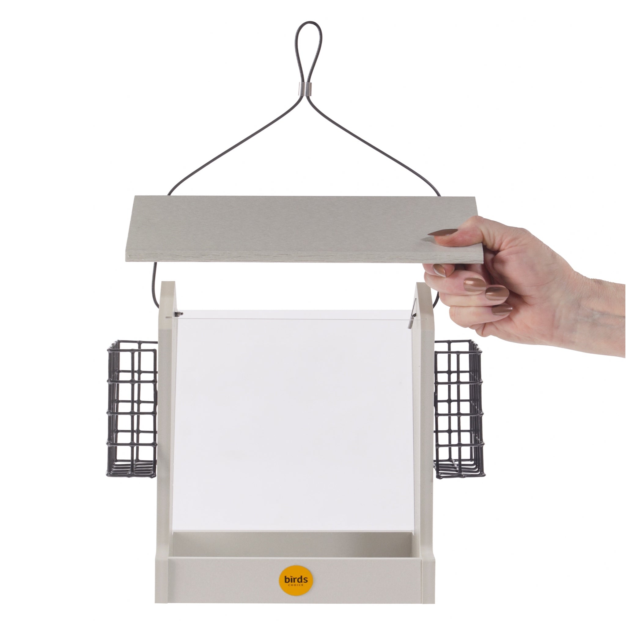 Birds Choice Tall Hopper Feeder w/ Suet Cages Sea Salt - roof lifted view