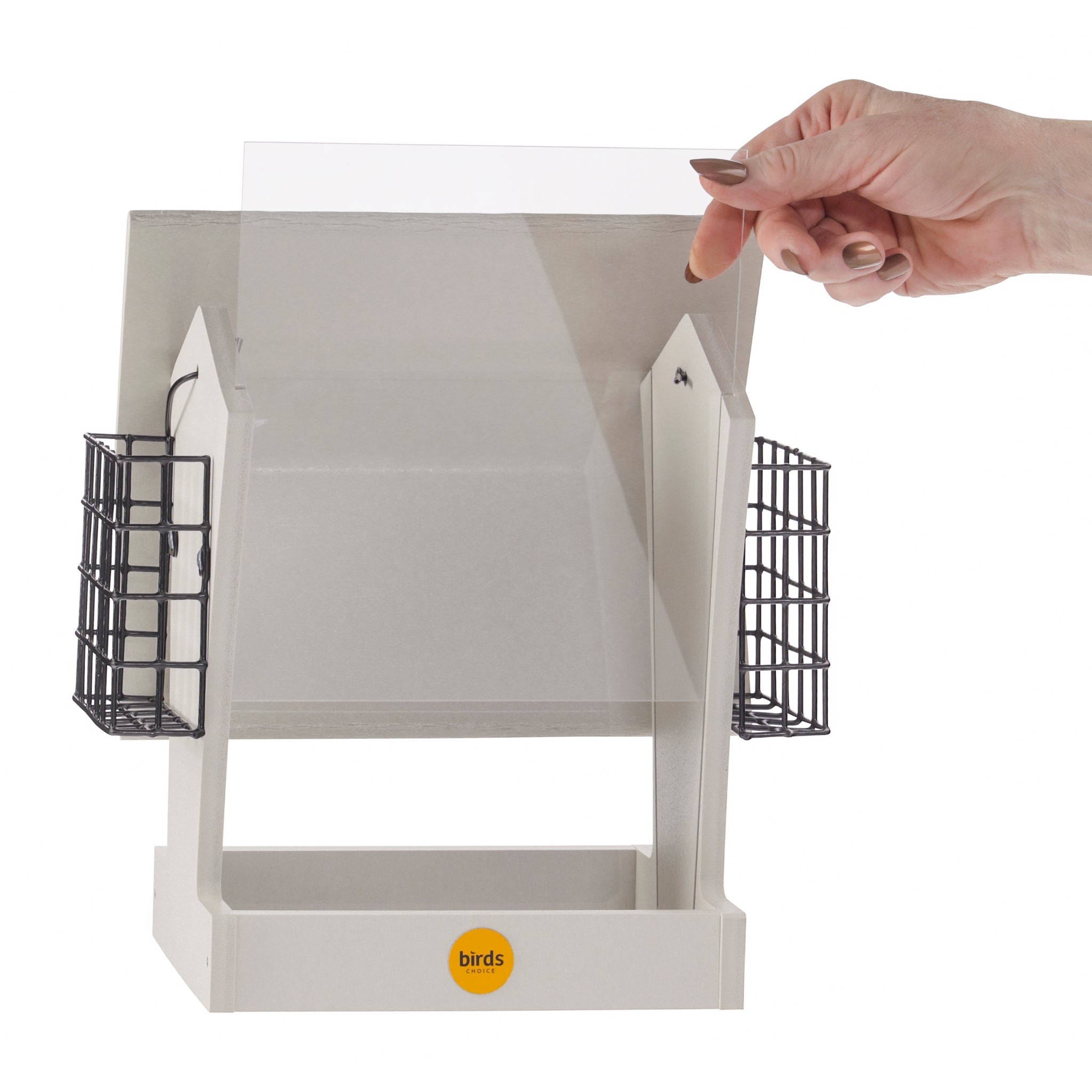 Birds Choice Tall Hopper Feeder w/ Suet Cages Sea Salt - roof tipped back view