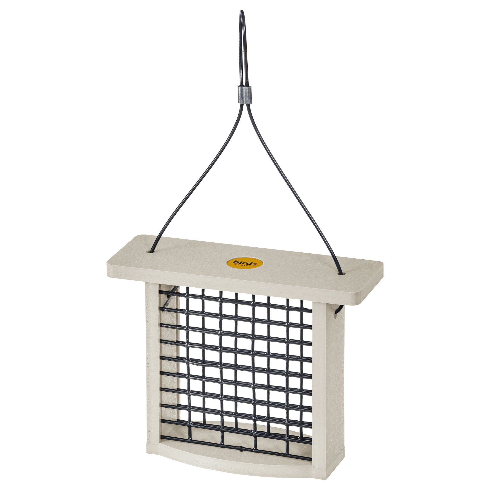 Sea Salt suet feeder hanging outdoors with hanging cable