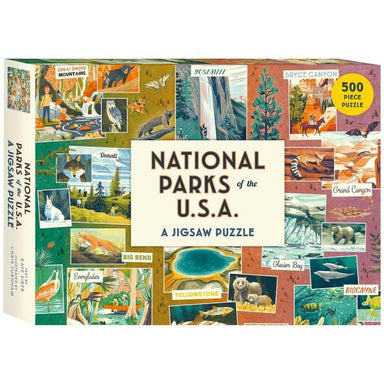 National Parks of the USA 500-piece jigsaw puzzle box with vintage postcard art
