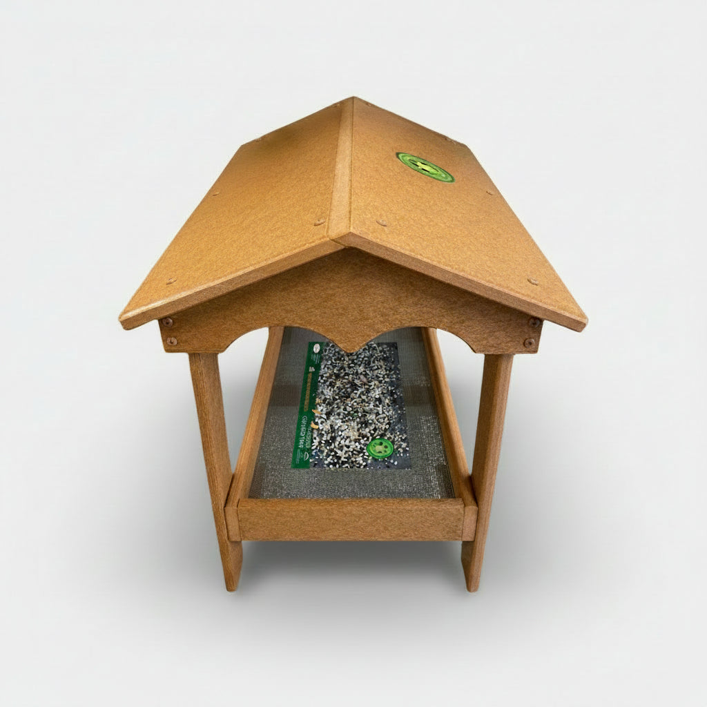 Ground Tray Recycled Feeder with Roof - Tan side view