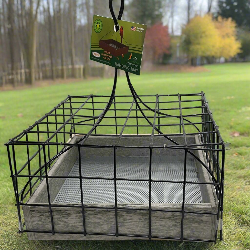 Dove Guard installed on a hanging tray feeder