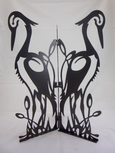 Laser cut steel birdbath base with crane silhouette, hammered bronze finish, 24 inches tall