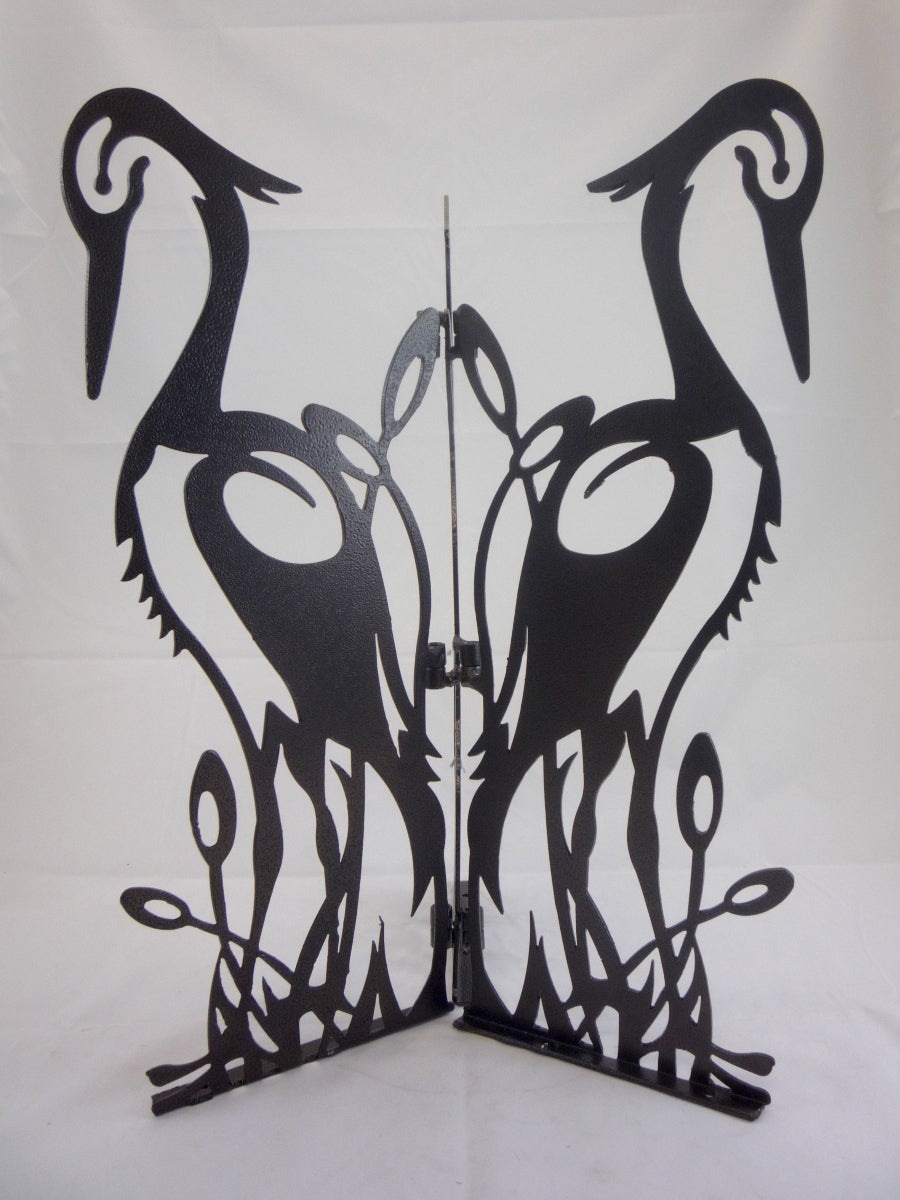 Laser cut steel birdbath base with crane silhouette, hammered bronze finish, 24 inches tall