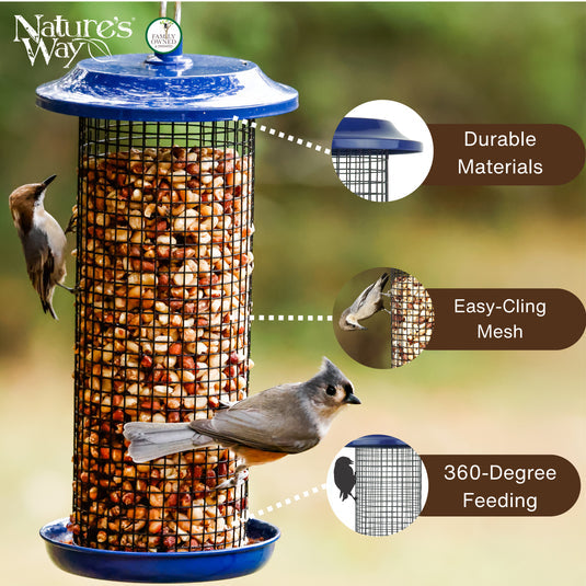 Nature's Way Cobalt metal mesh feeder hanging outdoors, feature callouts