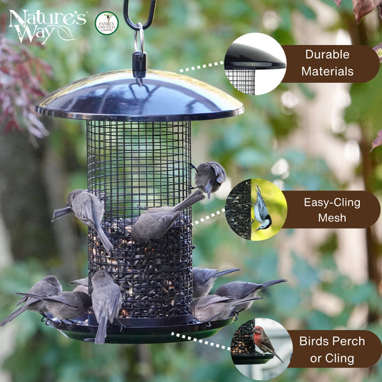Nature's Way Midnight metal mesh feeder hanging outdoors, feature callouts