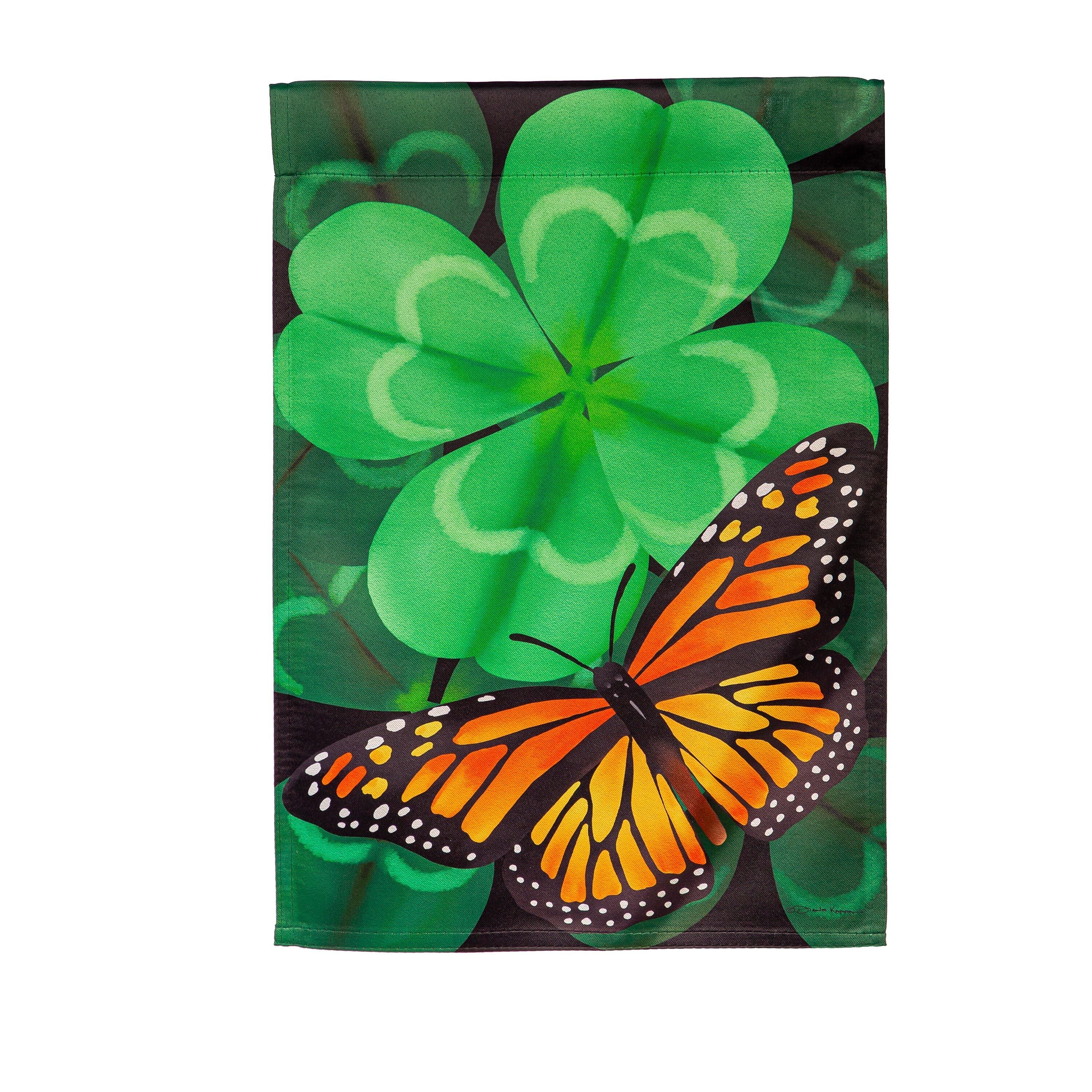 Evergreen Butterfly Clover suede garden flag, hanging display