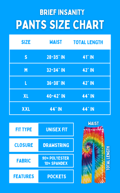 Size chart for Brief Insanity Bee Happy lounge pants, S to 2XL