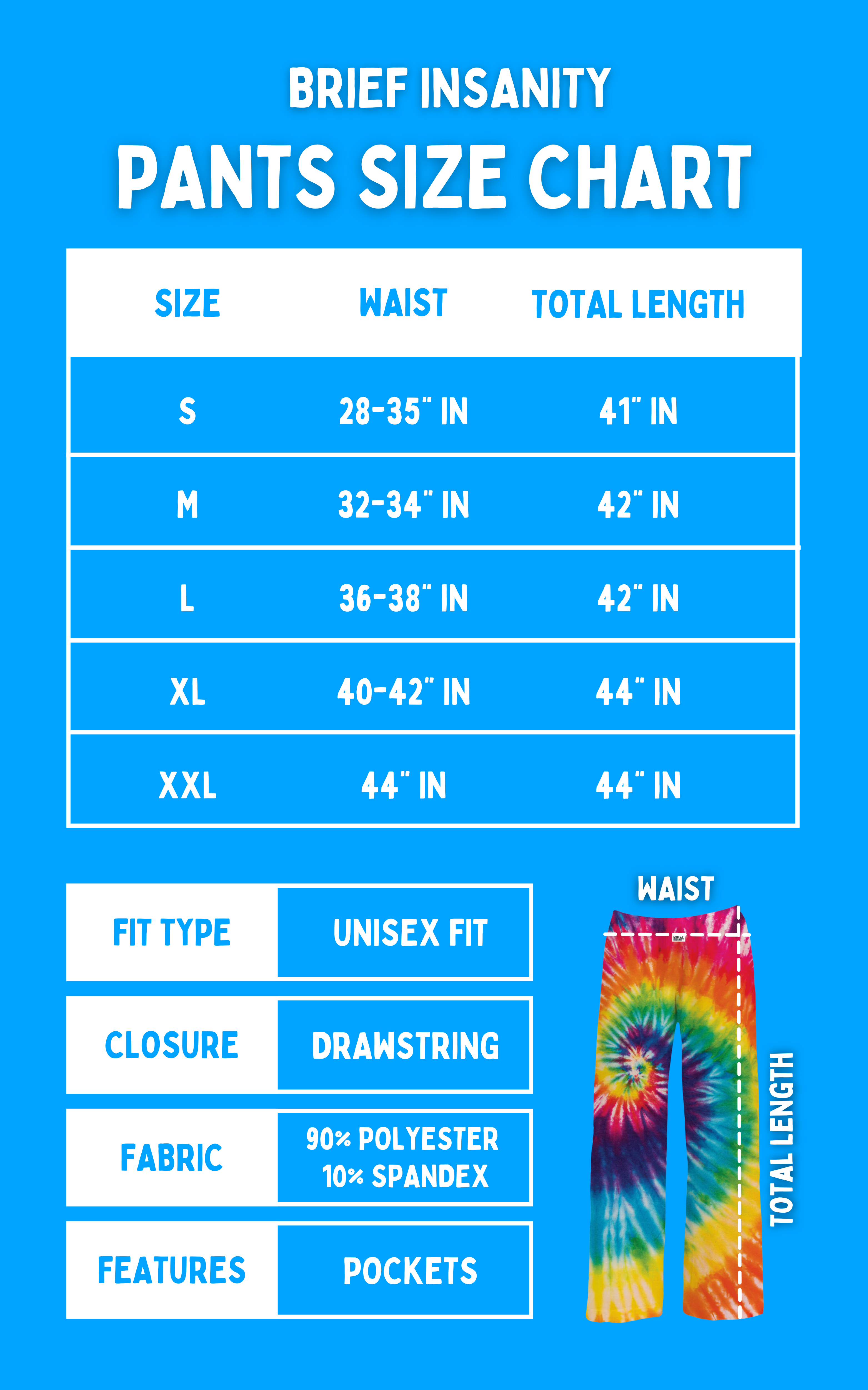 Size chart for Brief Insanity I'll Be in the Garden lounge pants