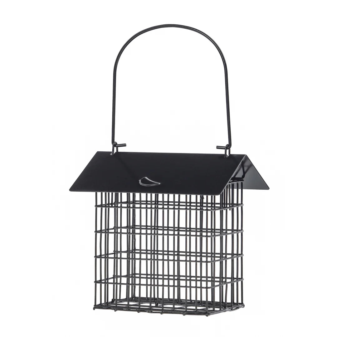 Modern Farmhouse Metal Double Suet Feeder in Black, angled view showing slanted roof