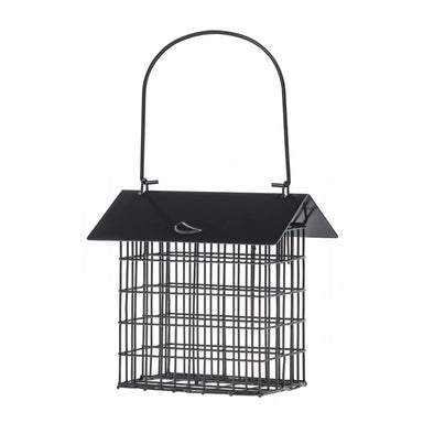 Modern Farmhouse Metal Double Suet Feeder in Black, angled view showing slanted roof