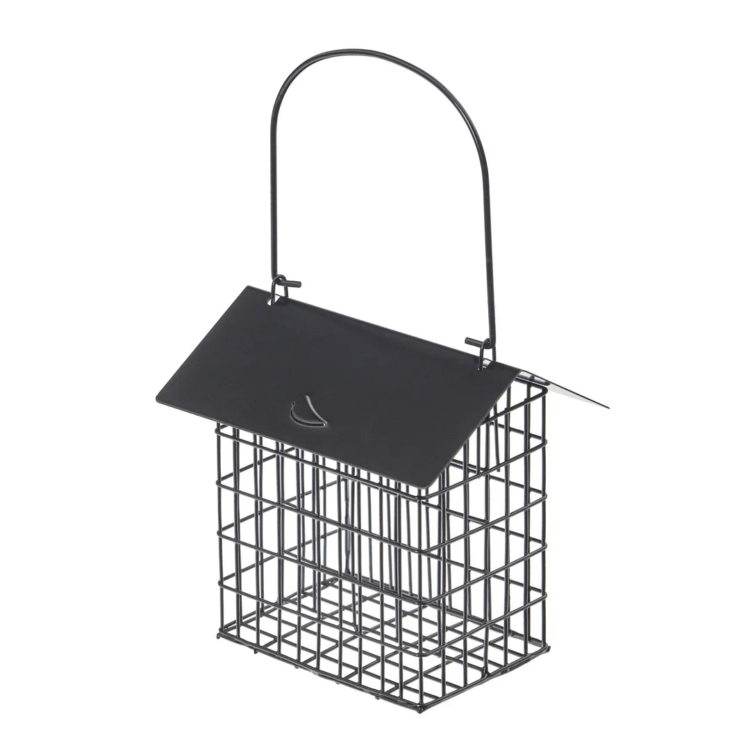 Modern Farmhouse Metal Double Suet Feeder in Black, angled view showing dual suet cages
