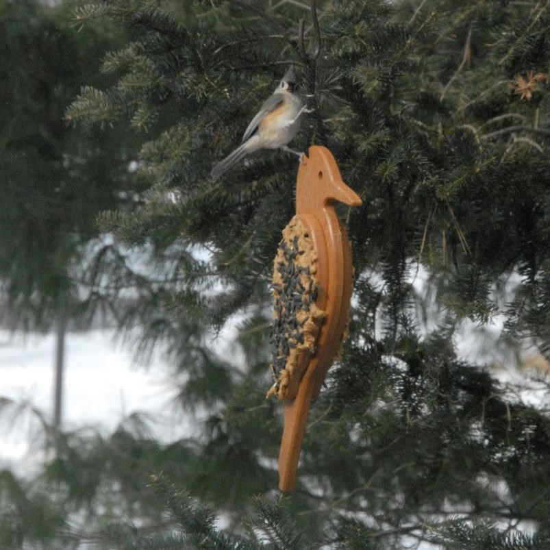 Mr. Woodpecker feeder with a tufted titmouse