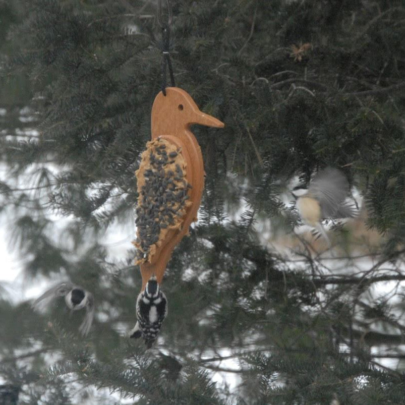 Mr. Woodpecker feeder with chickadees and a downy woodpecker