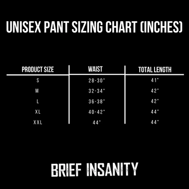Size chart for Brief Insanity Sea Otter lounge pants, S to 2XL