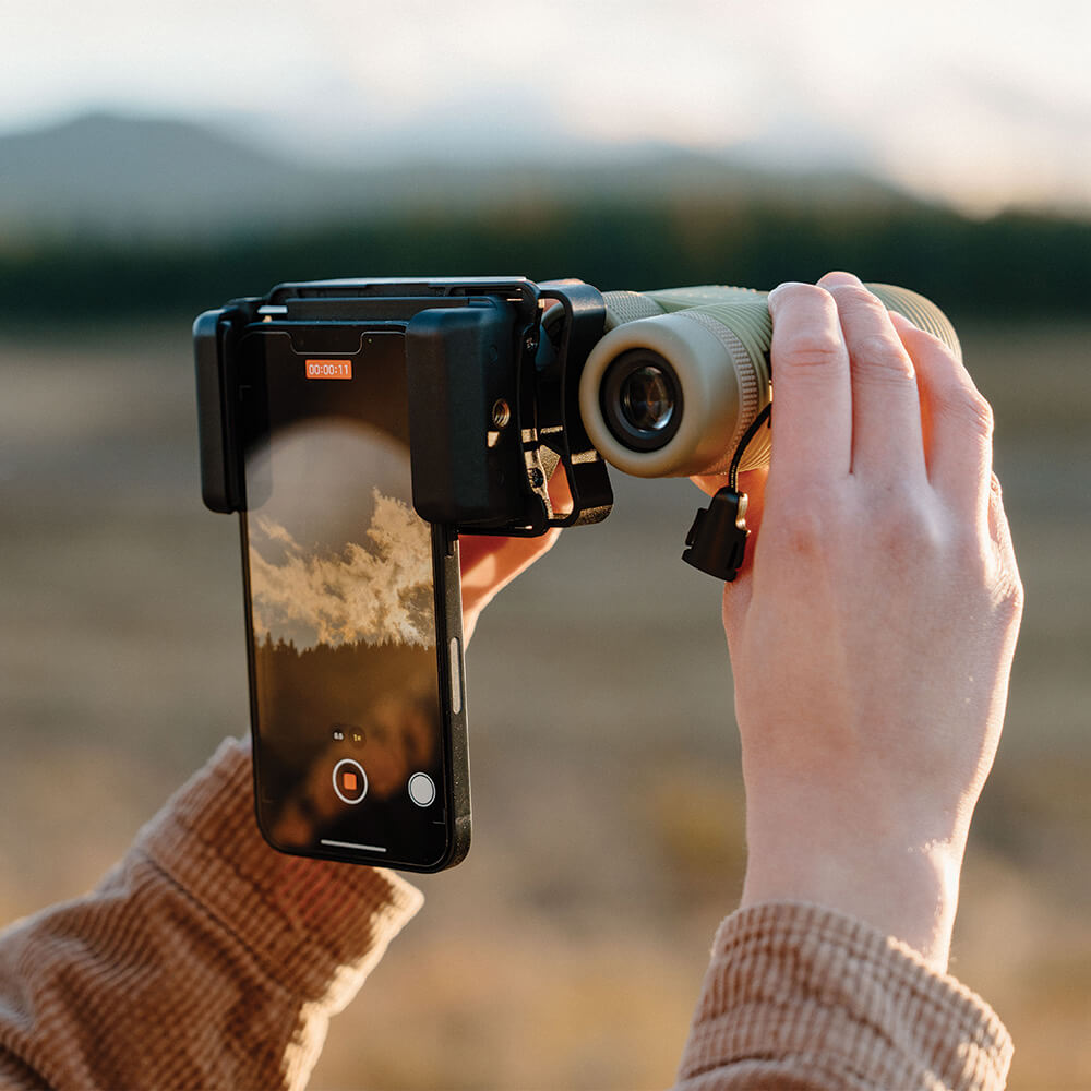 NOCS Photo Rig Smartphone Adapter - attached to binoculars in use