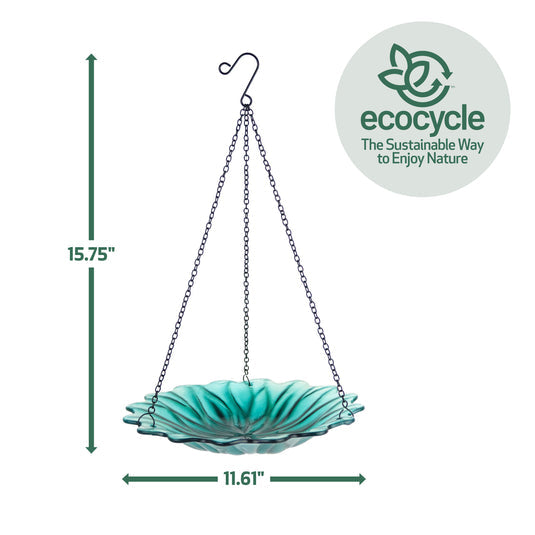 Nature's Way EcoCycle glass bird bath, Turquoise Dahlia design, hanging outdoors