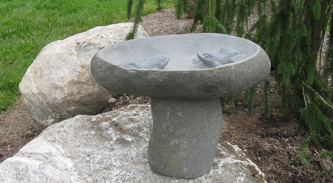 Small 2 Frog Granite Boulder Birdbath hand-carved natural stone by Stone Age Creations