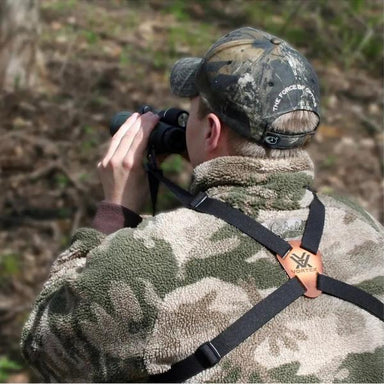 Vortex Harness Strap being worn - distributes binocular weight across shoulders