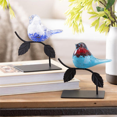 Evergreen Cottage Garden Glass Bird on Metal Branch, full view
