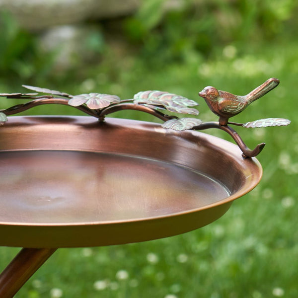 32 inch Zaer copper iron bird bath with branch stand - angle view