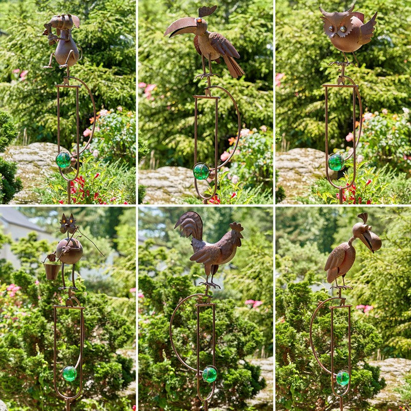 Rusty Animal Garden Swing Stake w/ Glass Ball - Assorted Styles