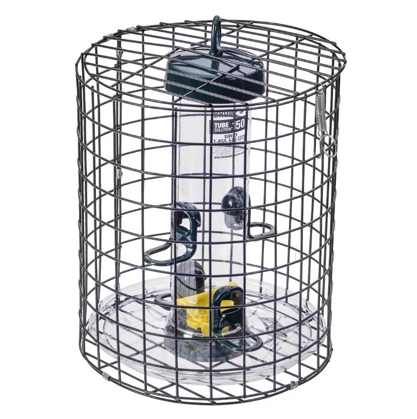 Caged Squirrel-Proof Tube Feeder w/ Seed Tray