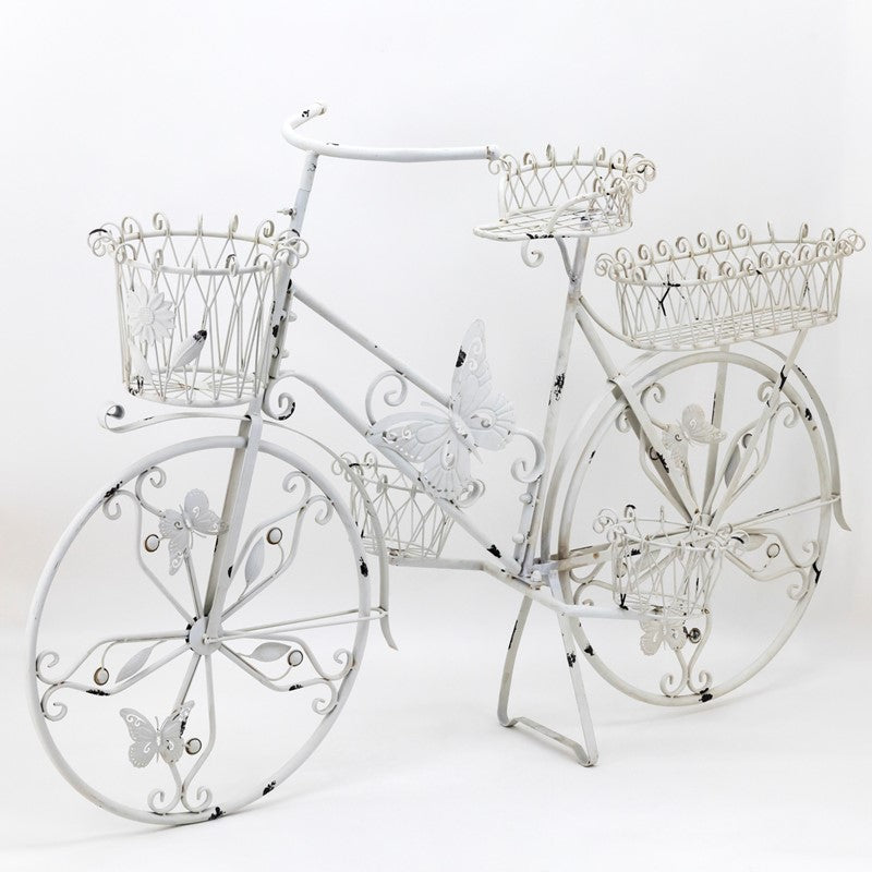 Iron Bicycle Plant Stand w/ Flower Baskets in Antique White